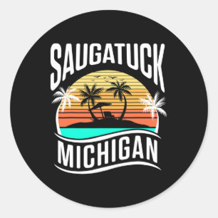 Saugatuck Michigan Usa Vintage Zonsondergang Vakan Ronde Sticker