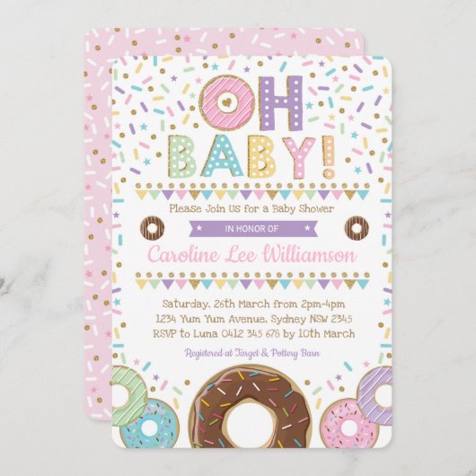 Saupoudrer de beigne rose invitation Baby shower f (Devant / Derrière)