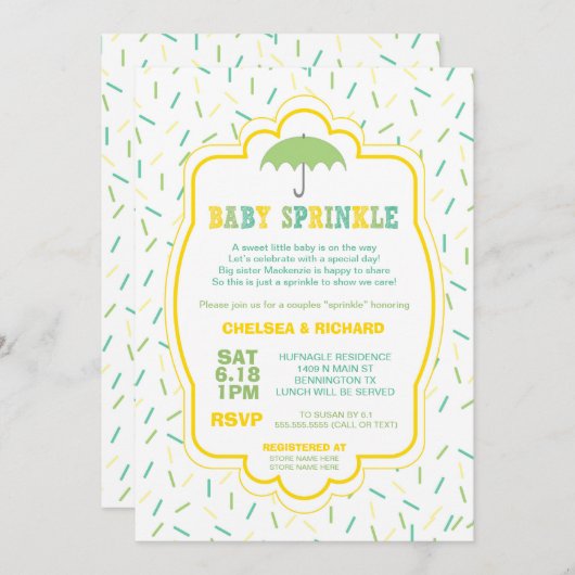 Saupoudrer les Invitations Baby showers vert jaune (Devant / Derrière)