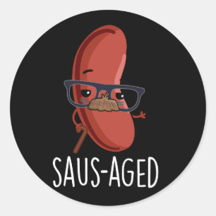 Saus-aged Funny Old Sausage Puns Dark BG Ronde Sticker