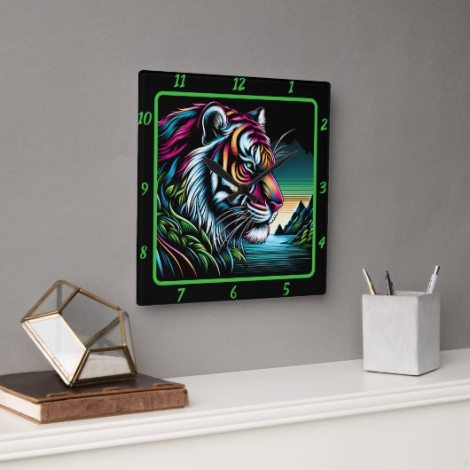 Savage Neon Tiger Artwork Vierkante Klok (Kantoor)