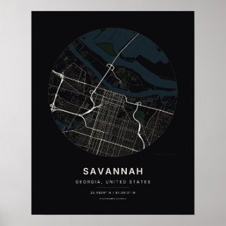 Savannah GA Zwarte Stad Kaart Kunstprint Poster