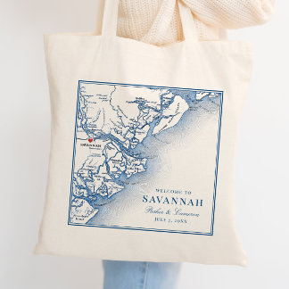 Savannah Georgia Kaart Elegante Navy Blauwe Huweli Tote Bag