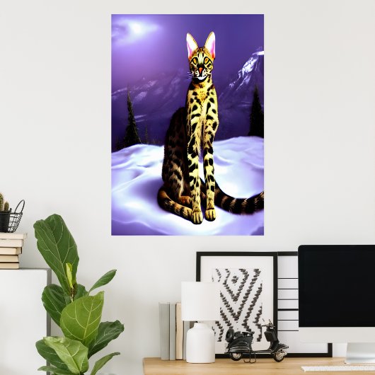 Savannah-kat in berg | AI Art Poster (Thuiskantoor)