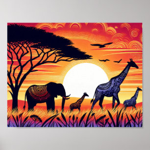 Savannah Silhouettes: een serenade bij zonsonderga Poster