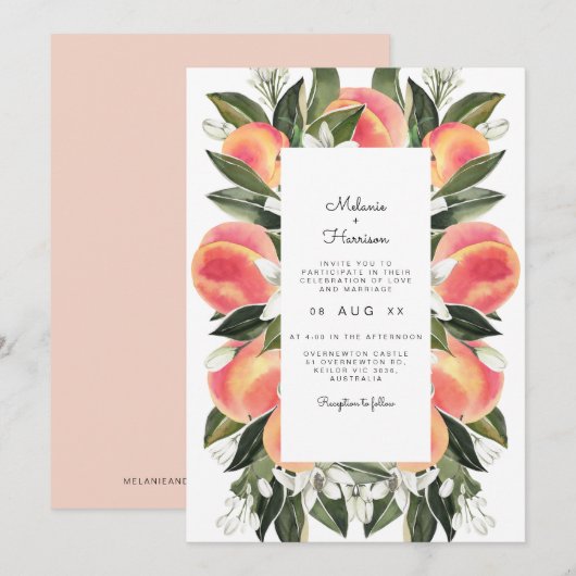 Savannah - Waterverf Peach Botanical Wedding Kaart (Voorkant / Achterkant)