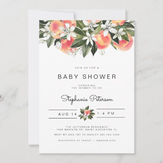 SAVANNAH Waterverf Perzik Baby shower Uitnodiging (Voorkant)