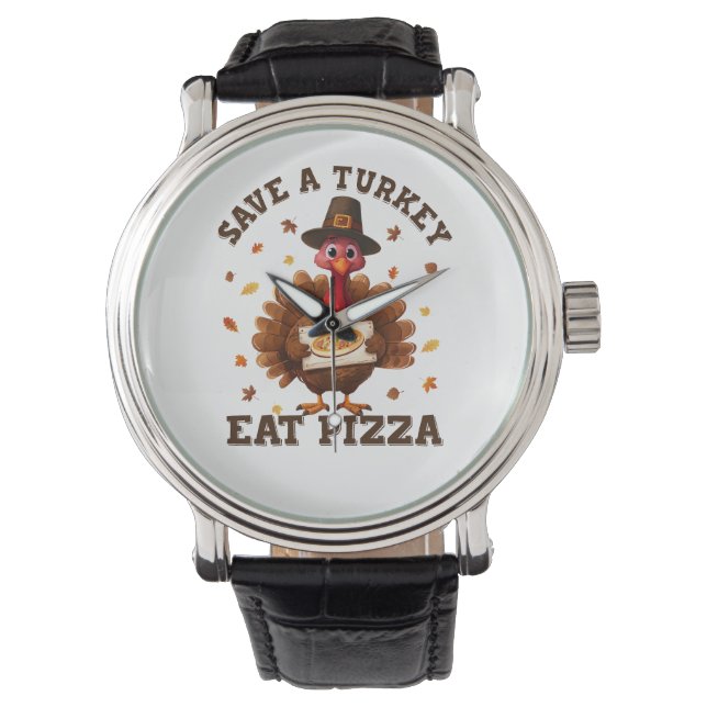 Save a Turkey Eat Pizza – Funny Thanksgiving Pizza Horloge (Voorkant)