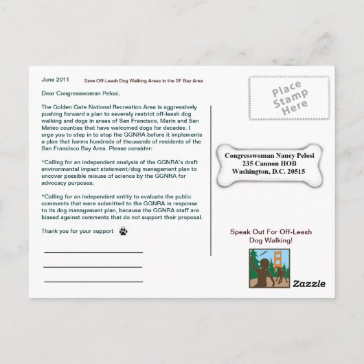 Save Off-Leash Dog Walking Congreslid Pelosi Briefkaart (Achterkant)