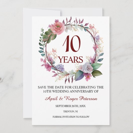 Save The Date 10e anniversaire du Mariage Tin Floral (Devant)