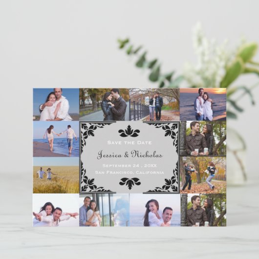 Save The Date 12 Photos Collage Grey Chevron - 5x7 Enregistrer l (Debout devant)