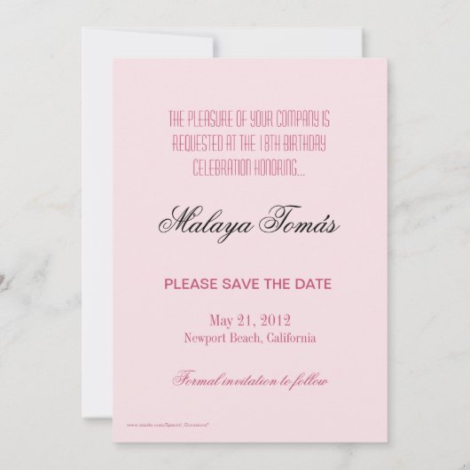 Save The Date 18e Anniversaire Cotillion Début Enregistrer la Da (Dos)