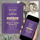 Save The Date 1 Anniversaire photo Surprise Party Purple and Gol<br><div class="desc">Peux-tu garder un secret ? famille d'Invitations et amis à une fête d'anniversaire de surprise élégante et passionnante avec photo personnalisée violet et or enregistrer les invitations de date. Image et toute la formulation sur ce modèle sont simples à personnaliser, y compris le message qui dit "Shhh! C'est une SURPRISE."...</div>