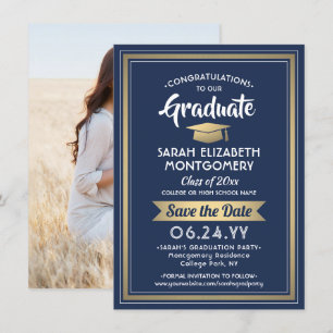 Save The Date 1 Photo Graduation Elégant Marine Bleu Blanc & Or