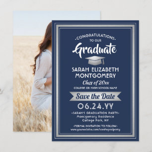 Save The Date 1 Photo Graduation Elégant Marine Bleu et Blanc