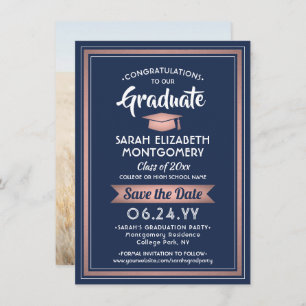 Save The Date 1 Photo Graduation Élégante Marine Rose Rose Or