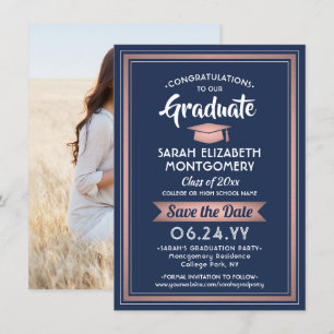 Save The Date 1 Photo Graduation Élégante Marine Rose Rose Or