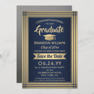 Save The Date 1 Photo Graduation Marine Blue Gold Faux Foil Mode