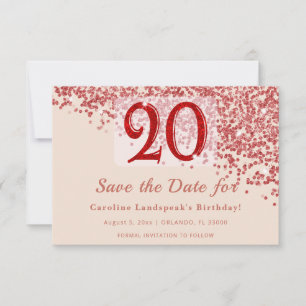 Save The Date 20th Ruby Red Glitter Champagne Enregistrez la Dat