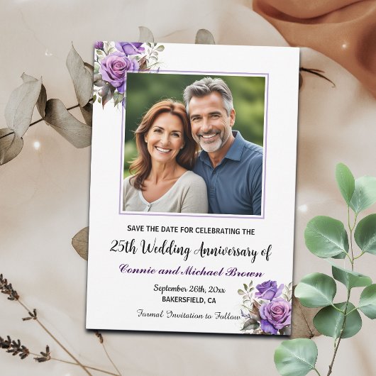 Save The Date 25e anniversaire du Mariage photo de Roses violets