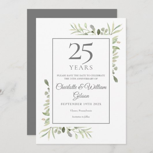Save The Date 25e anniversaire Mariage d'argent verdure (Devant / Derrière)