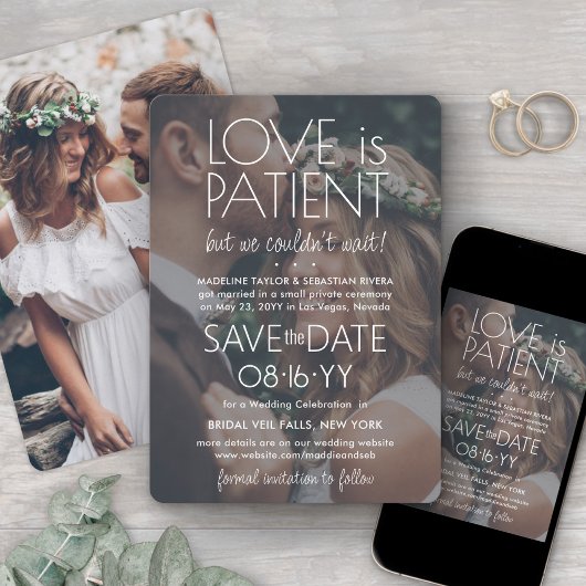 Save The Date 2 Photo Love is Patient Mariage Réception Blanc