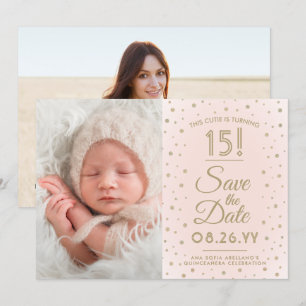 Save The Date 2 Photo Quinceanera Chic Blush Pink Gold Parties s