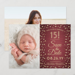 Save The Date 2 Photo Quinceanera Elegant Burgundy Gold Parties 