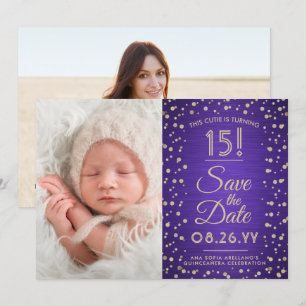 Save The Date 2 Photo Quinceanera Elegant Purple Gold Parties sc