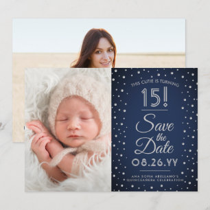 Save The Date 2 Photo Quinceanera Navy Blue Confetti Sparkle