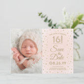 Save The Date 2 Photo Sweet 16 Anniversaire Blush Gold Enregistr (Debout devant)