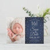 Save The Date 2 Photo Sweet 16 Anniversaire Chic Navy Blue Confe (Debout devant)