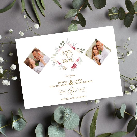 Save The Date 2 Photos Fancy Romantic Pink Shades Floral Bouquet