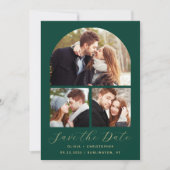 Save The Date 3-Photo Collage Arch Emerald Green Gold QR Code (Devant)
