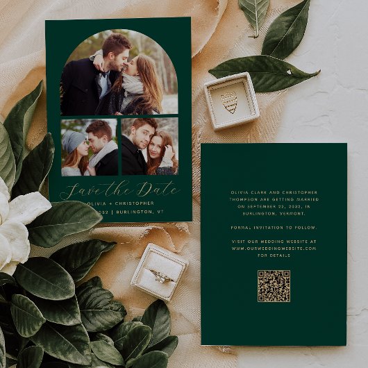 Save The Date 3-Photo Collage Arch Emerald Green Gold QR Code