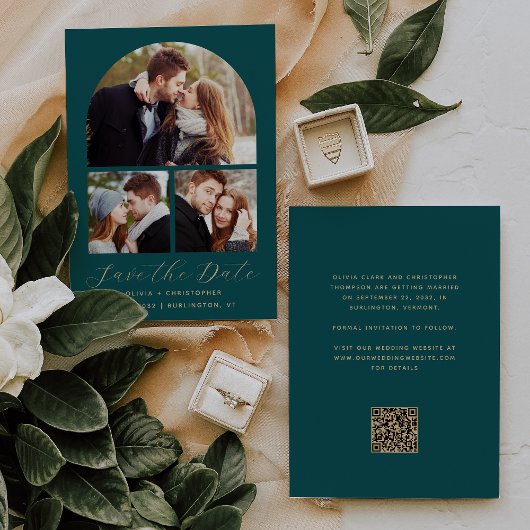 Save The Date 3-Photo Collage Arche Bleu Sarcelle Or Code QR