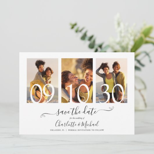 Save The Date 3 Photo Collage Signature Mariage de script (Debout devant)