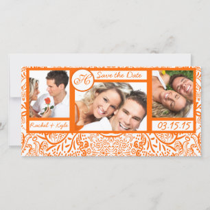 Save The Date 3 Photos Love Birds Orange Damassé Enregistrez la