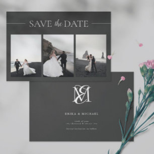 Save The Date 3 Photos Mariage noir simple et minimaliste Économ