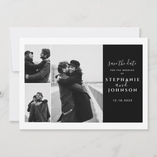 Save The Date 3 Photos Typographie moderne Mariage noir blanc (Devant)