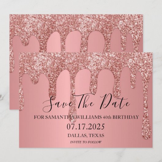 Save The Date 40e anniversaire fête rose Parties scintillant gou (Devant / Derrière)