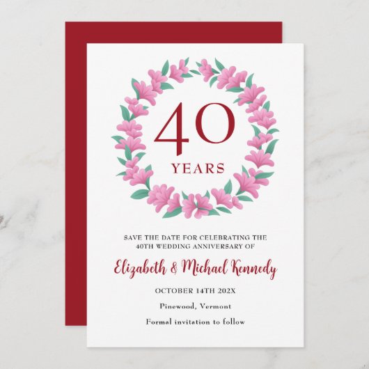 Save The Date 40e anniversaire Ruby Floral Wreath (Devant / Derrière)
