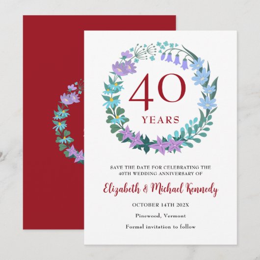 Save The Date 40e anniversaire Ruby Floral Wreath (Devant / Derrière)