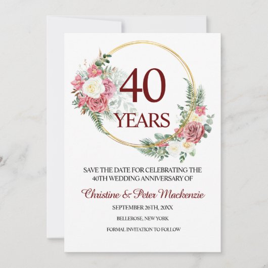 Save The Date 40th Wedding Ruby Roses Anniversary (Devant)