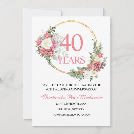 Save The Date 40th Wedding Ruby Roses Anniversary (Devant)
