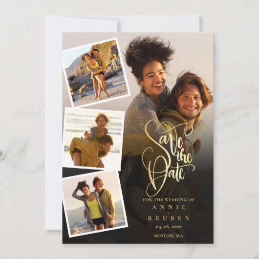 Save The Date 4 Photo Collage Mariage Gold Script (Devant)