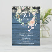 Save The Date 50e Anniversaire Bleu Rustique Flore Lumières (Debout devant)