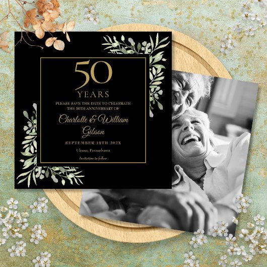 Save The Date 50e Anniversaire de Mariage Feuillage Noir Or Phot