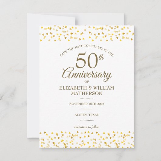 Save The Date 50e anniversaire de Mariage Gold Hearts Confetti (Devant)