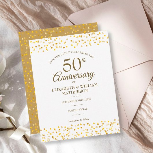 Save The Date 50e anniversaire de Mariage Gold Hearts Confetti